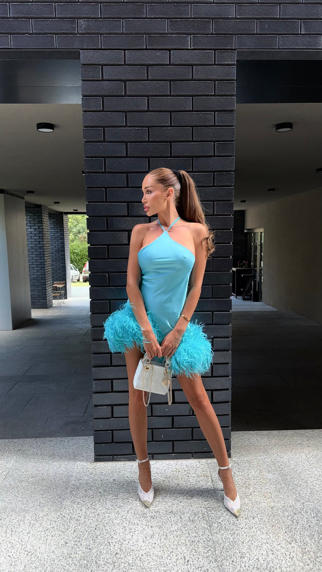 Blue Mini Feather Dress