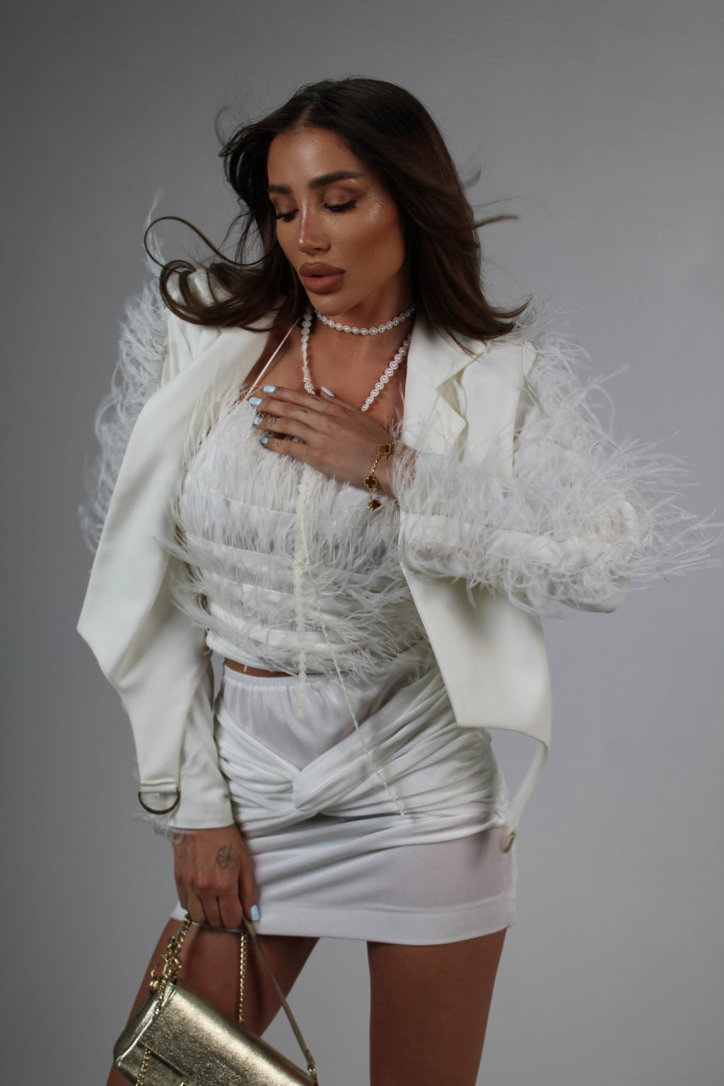 White Veloura Feather Blazer